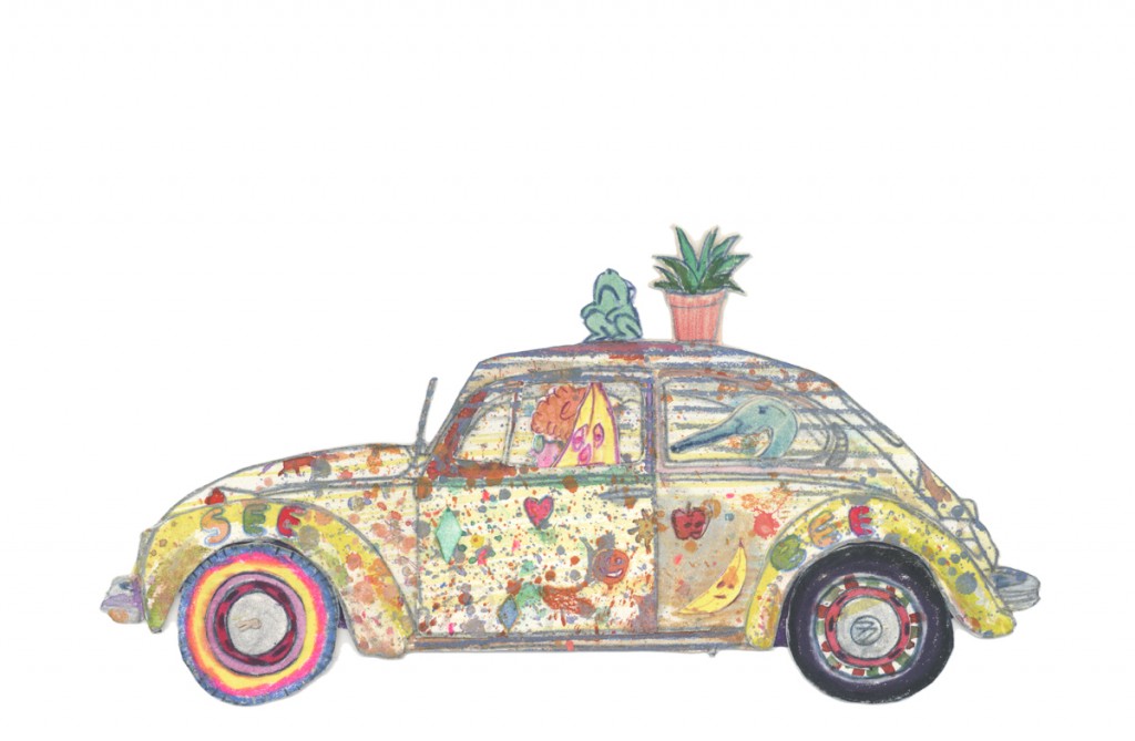                      <em>Froggie Truckin’,</em>
watercolor, gouache & colored pencil, 3