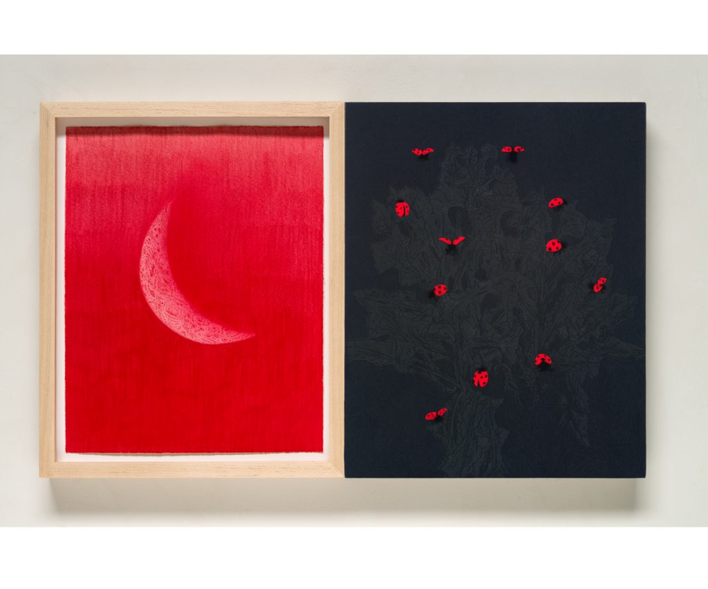 <em>the black thistle, the red moon and the ladybugs, </em>acrylic on linen, colored pencil on paper w/ custom frame inlaid w/ collar buttons
15.75