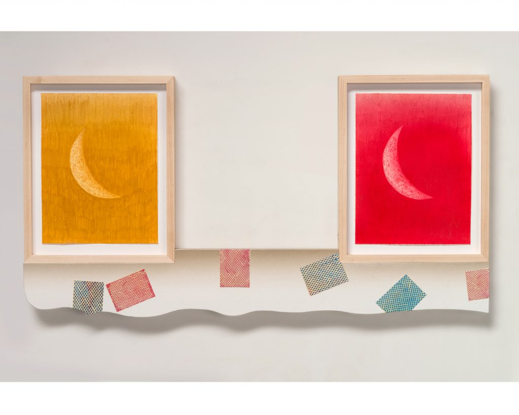<em>two moons on the river,</em> acrylic on linen on shaped panel & colored pencil on paper w/ custom frame inlaid w/ walnut and quarter moon 19