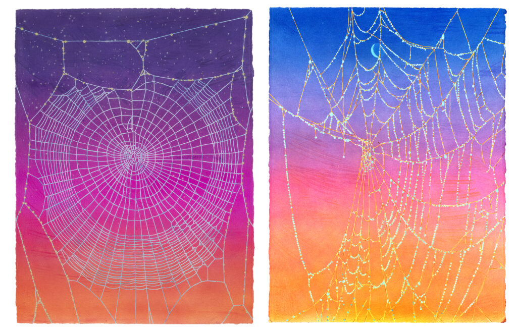         <em>dusk & dawn (like the web implies the spider),</em> watercolor and glow-in-the-dark powder on paper, 
30